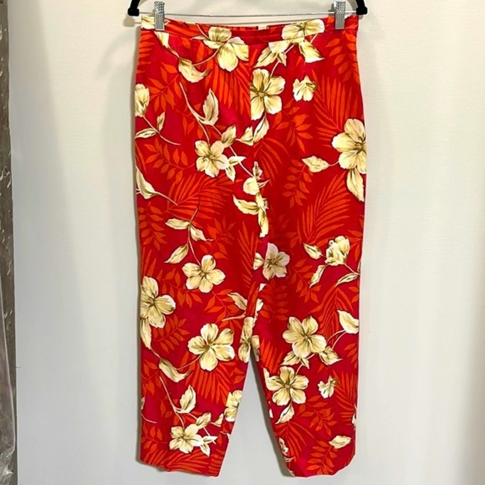 TALBOTS Petite Floral Silk Linen Capris Size 12 Side Zipper Button Hook Closure